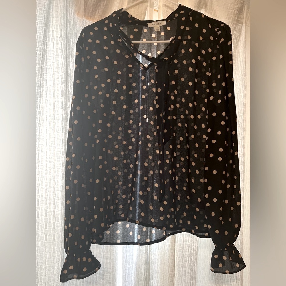 Black Polka Dot Sheer Long Sleeve Blouse Size M